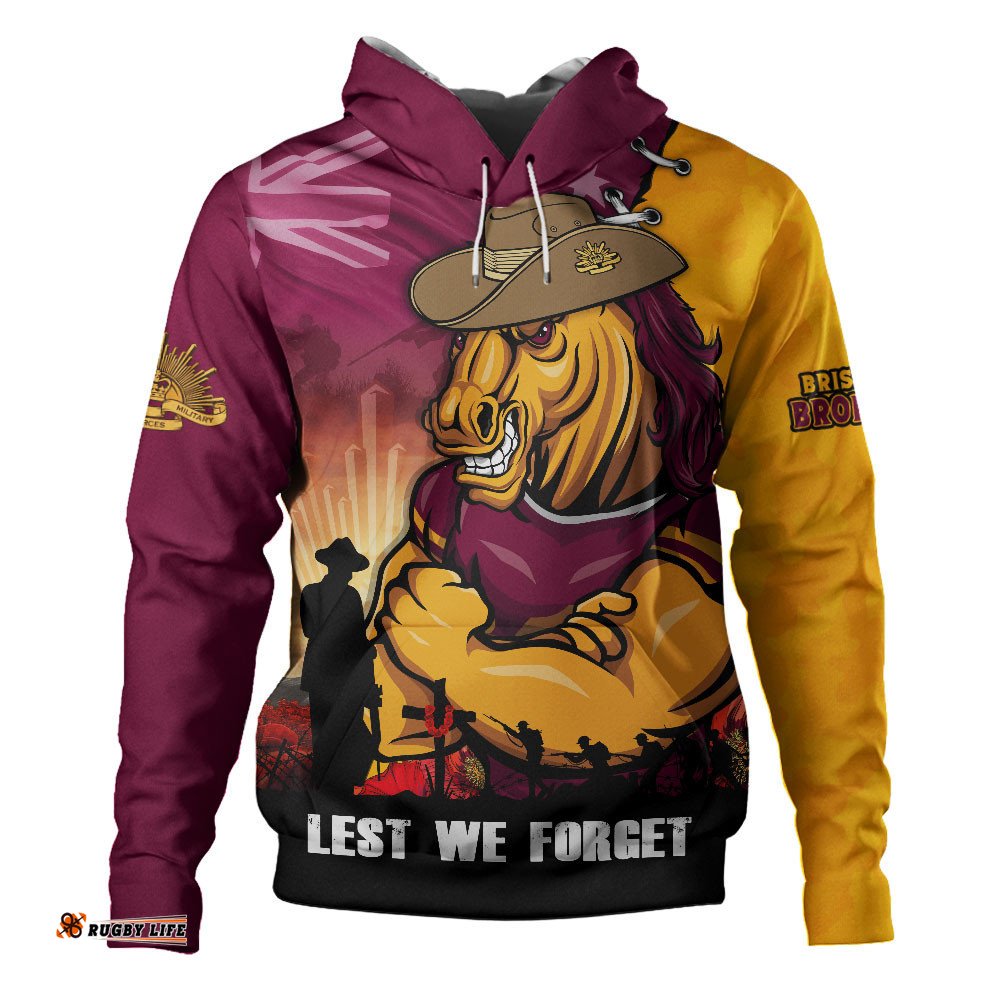 Brisbane Broncos Hoodie Anzac Day Lest We Forget Silent Dawn