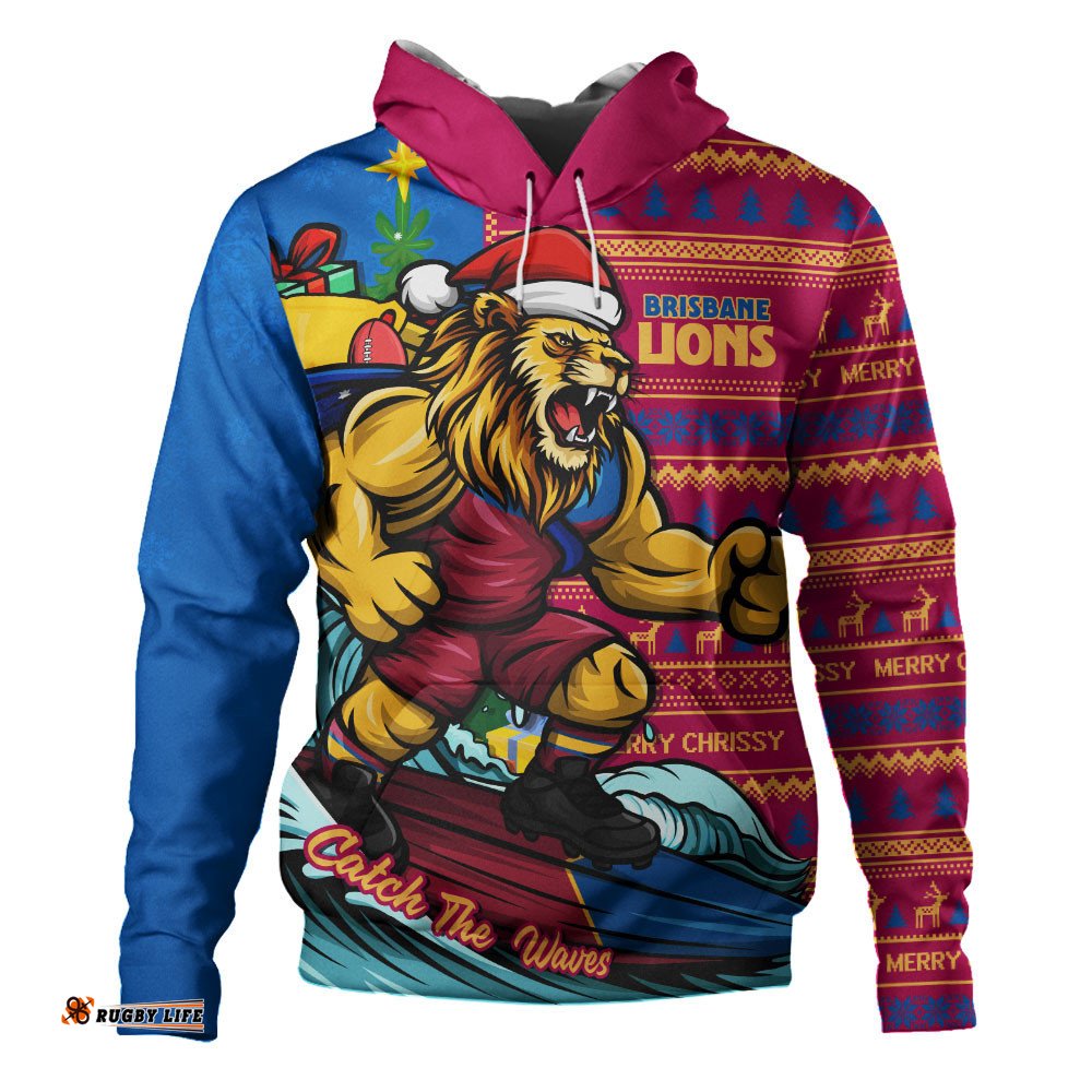 Brisbane Lions Hoodie Christmas Holiday Santa Rides The Waves