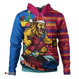 Brisbane Lions Hoodie Christmas Holiday Santa Rides The Waves