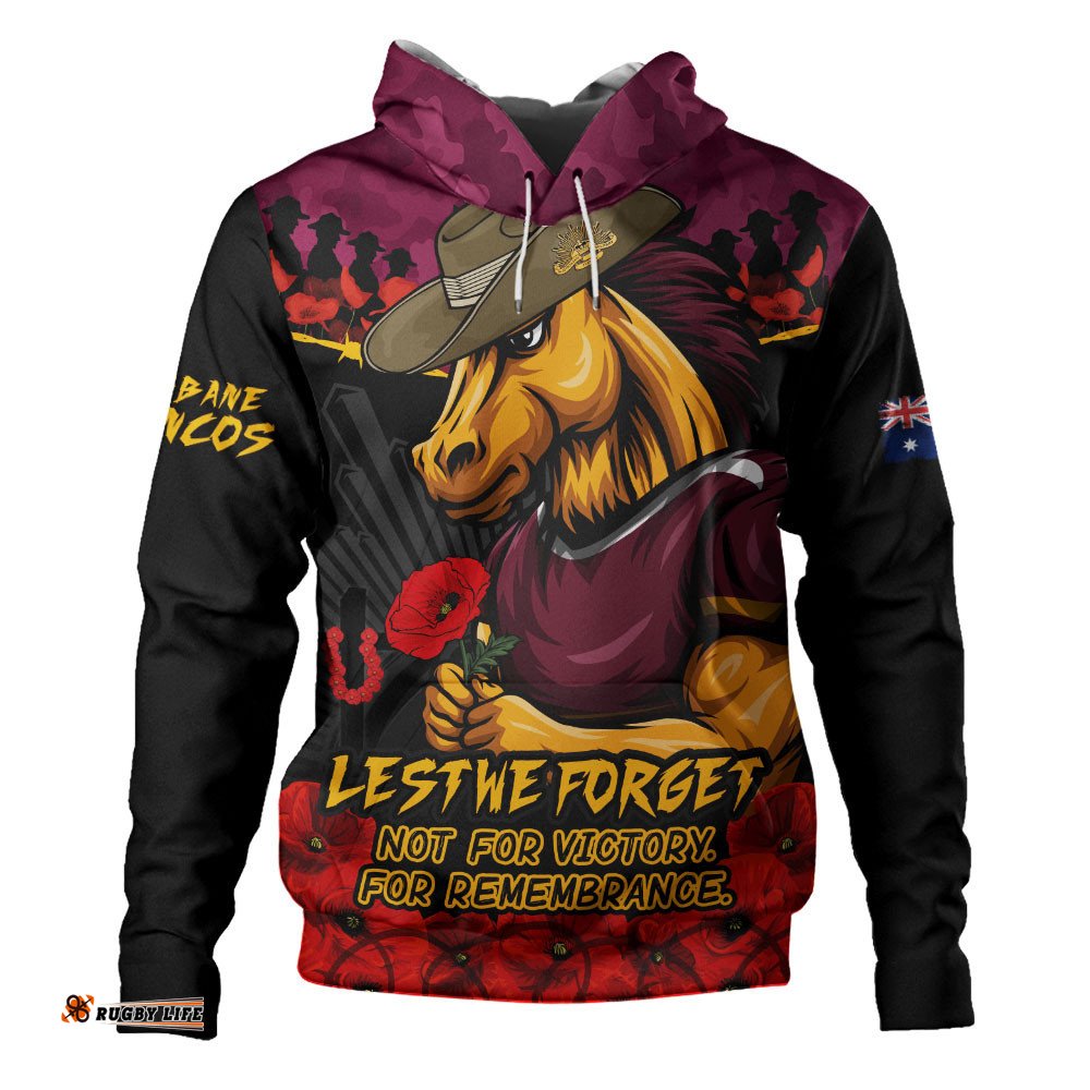 Brisbane Broncos Hoodie ANZAC Day Red Poppy And Brave Hearts Remembrance