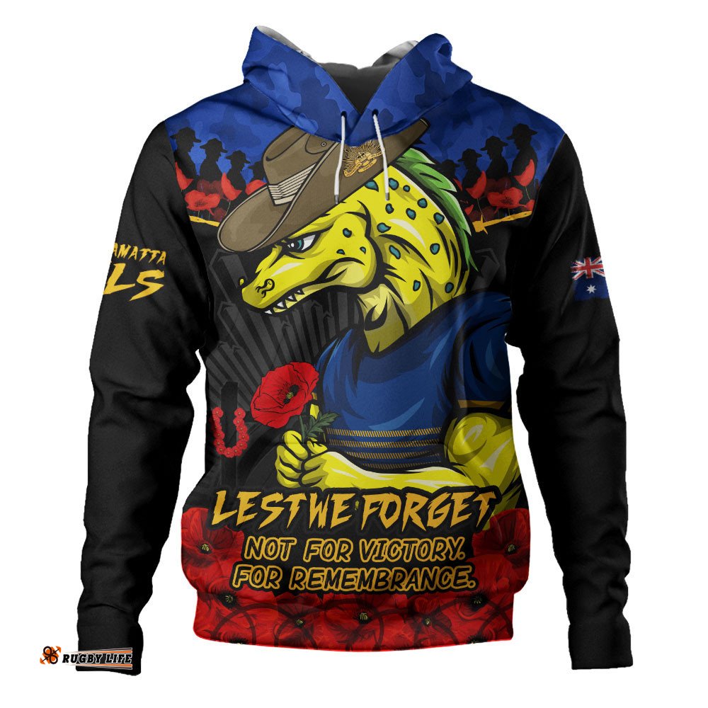 Parramatta Eels Hoodie ANZAC Day Red Poppy And Brave Hearts Remembrance
