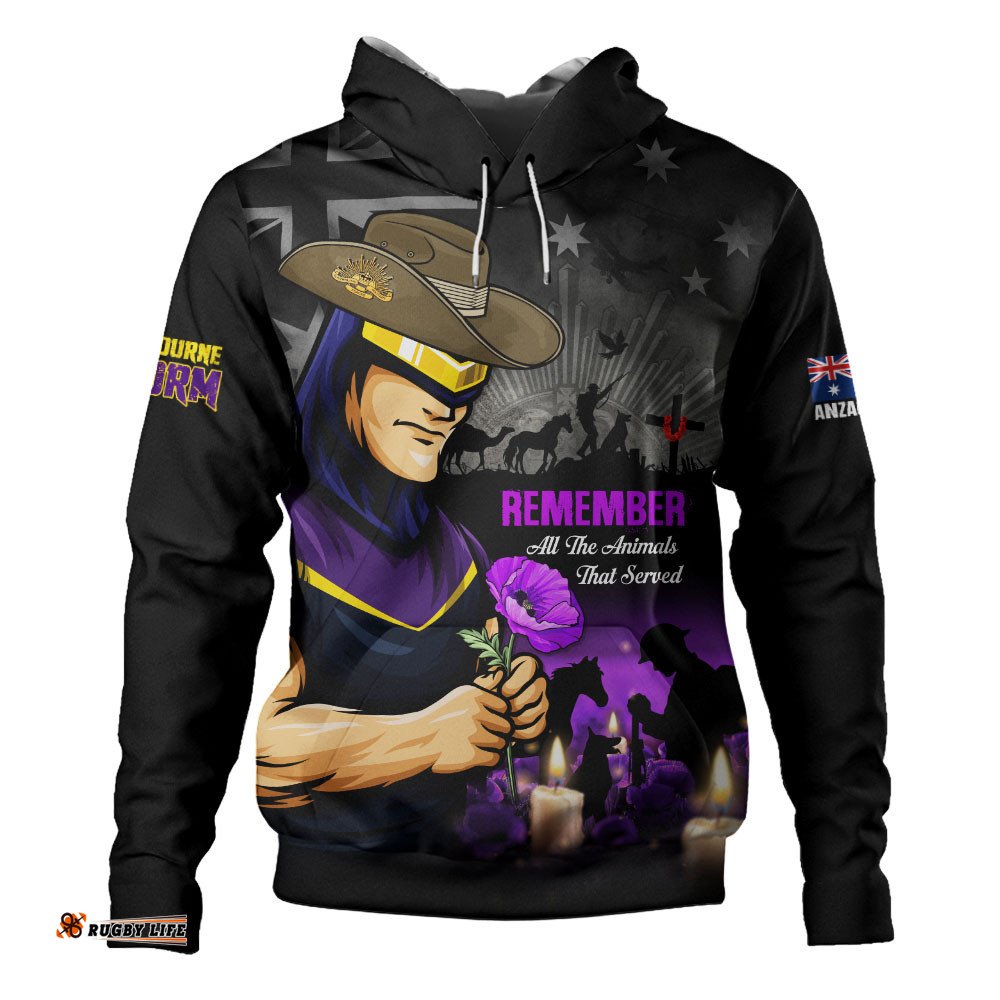 Melbourne Storm Hoodie Anzac Day Purple Poppy And Animals That Served
