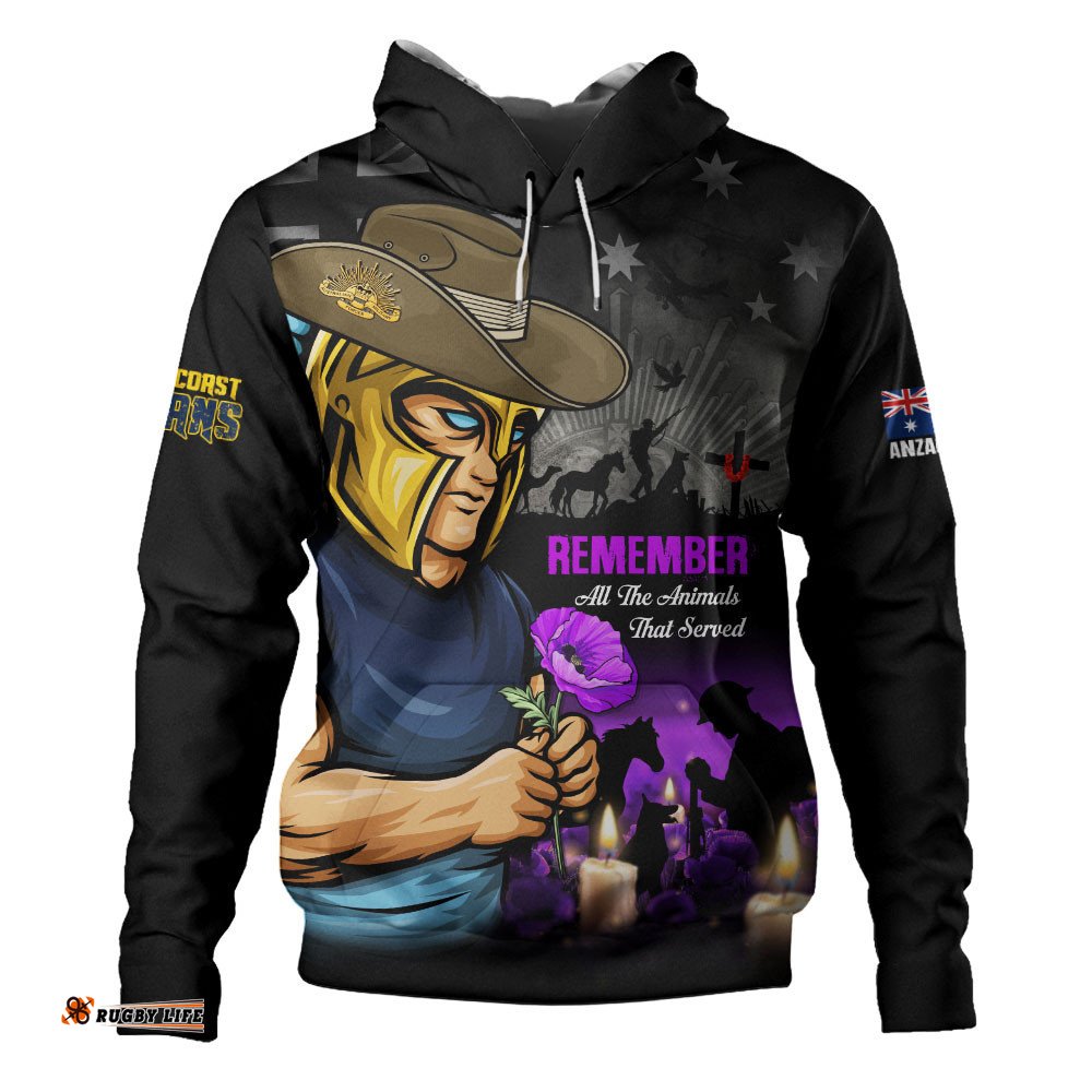 Gold Coast Titans Hoodie Anzac Day Purple Poppy And Animals That Served