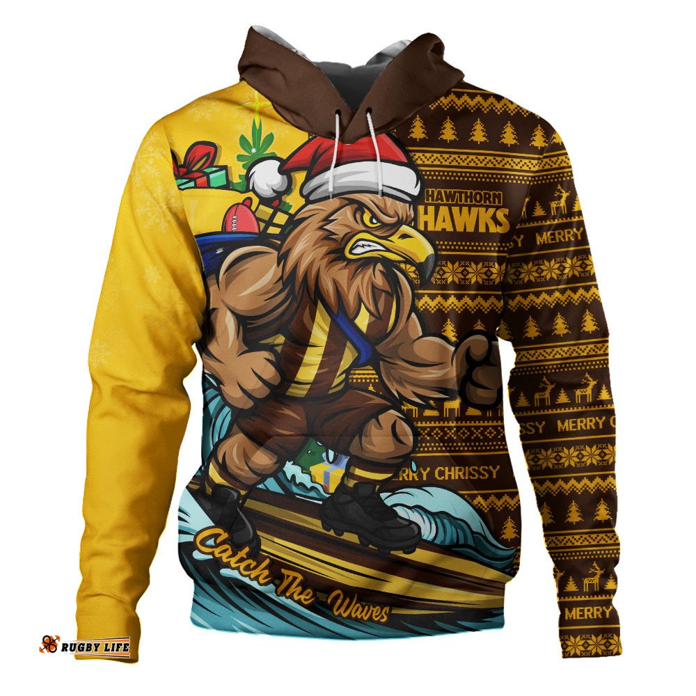 Hawthorn Hoodie Christmas Holiday Santa Rides The Waves