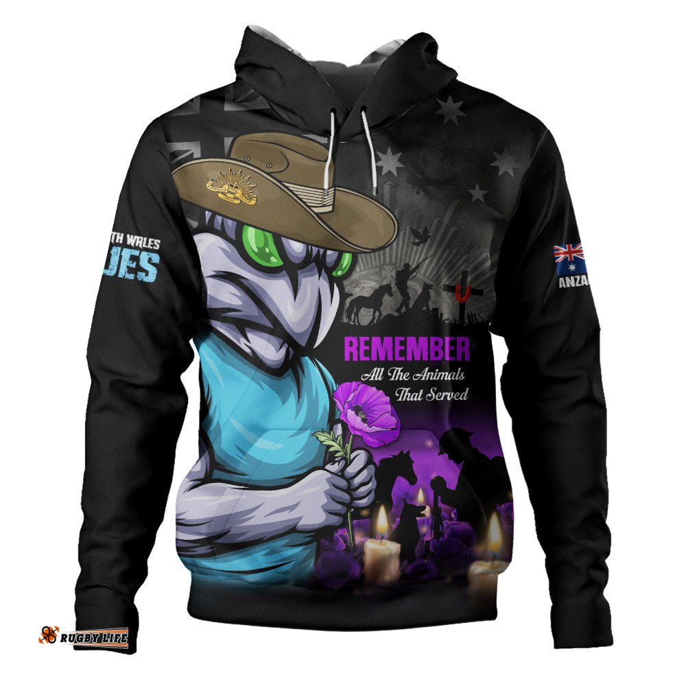 New South Wales Blues Hoodie Anzac Day Purple Poppy And Animals That Served