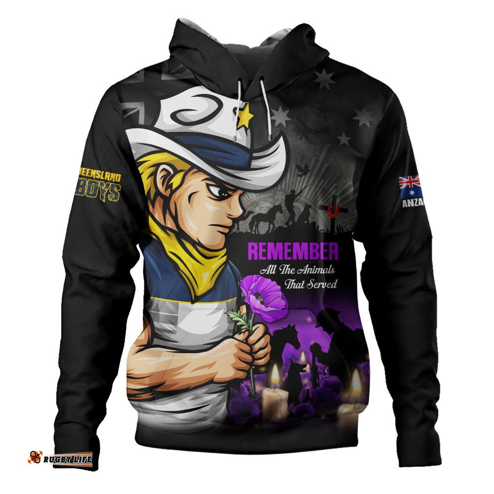 North Queensland Cowboys Hoodie Anzac Day Purple Poppy And Animals That Served
