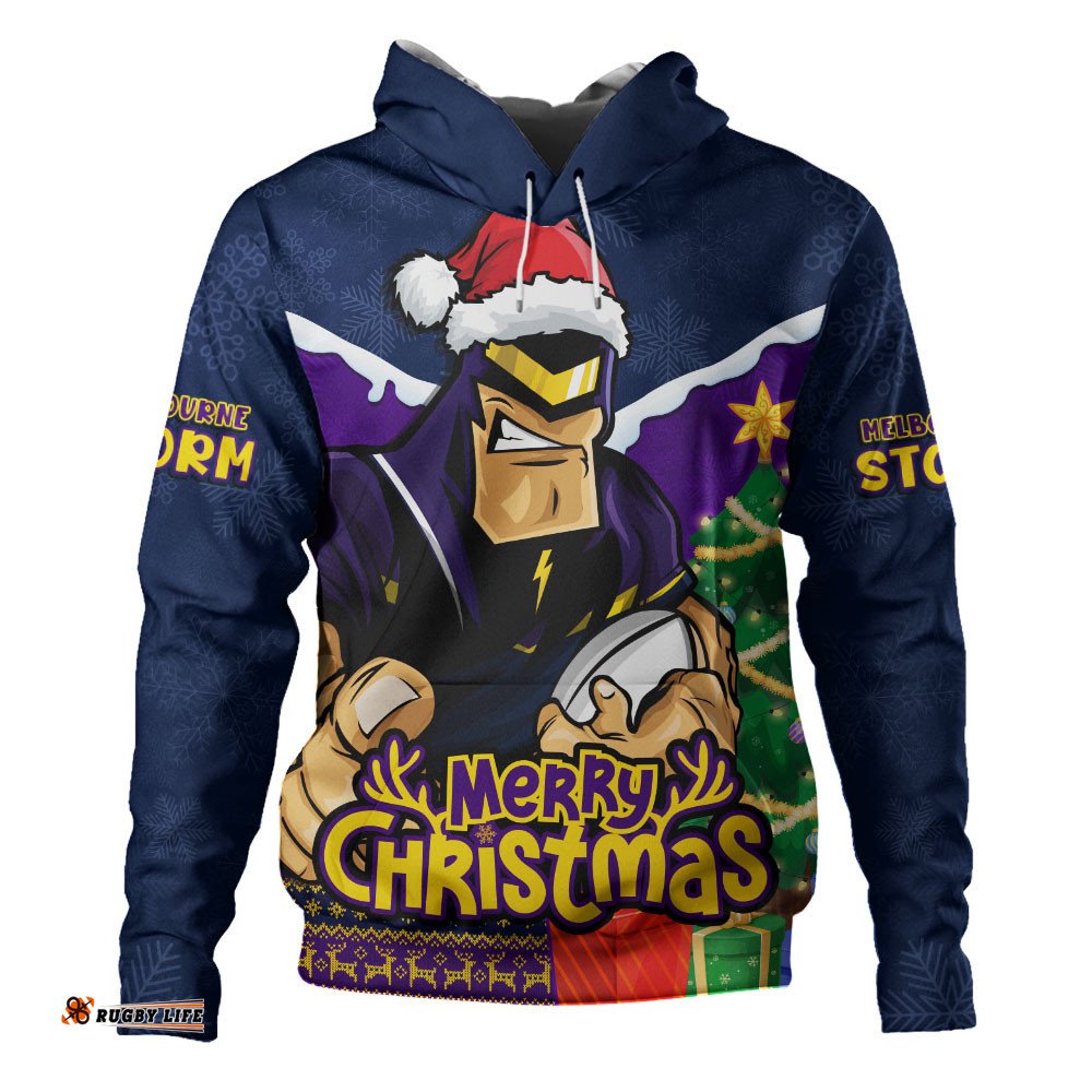 Melbourne Storm Hoodie Santa Scoring Touchdown On Christmas Game Day