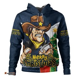 North Queensland Cowboys Hoodie Santa Scoring Touchdown On Christmas Game Day