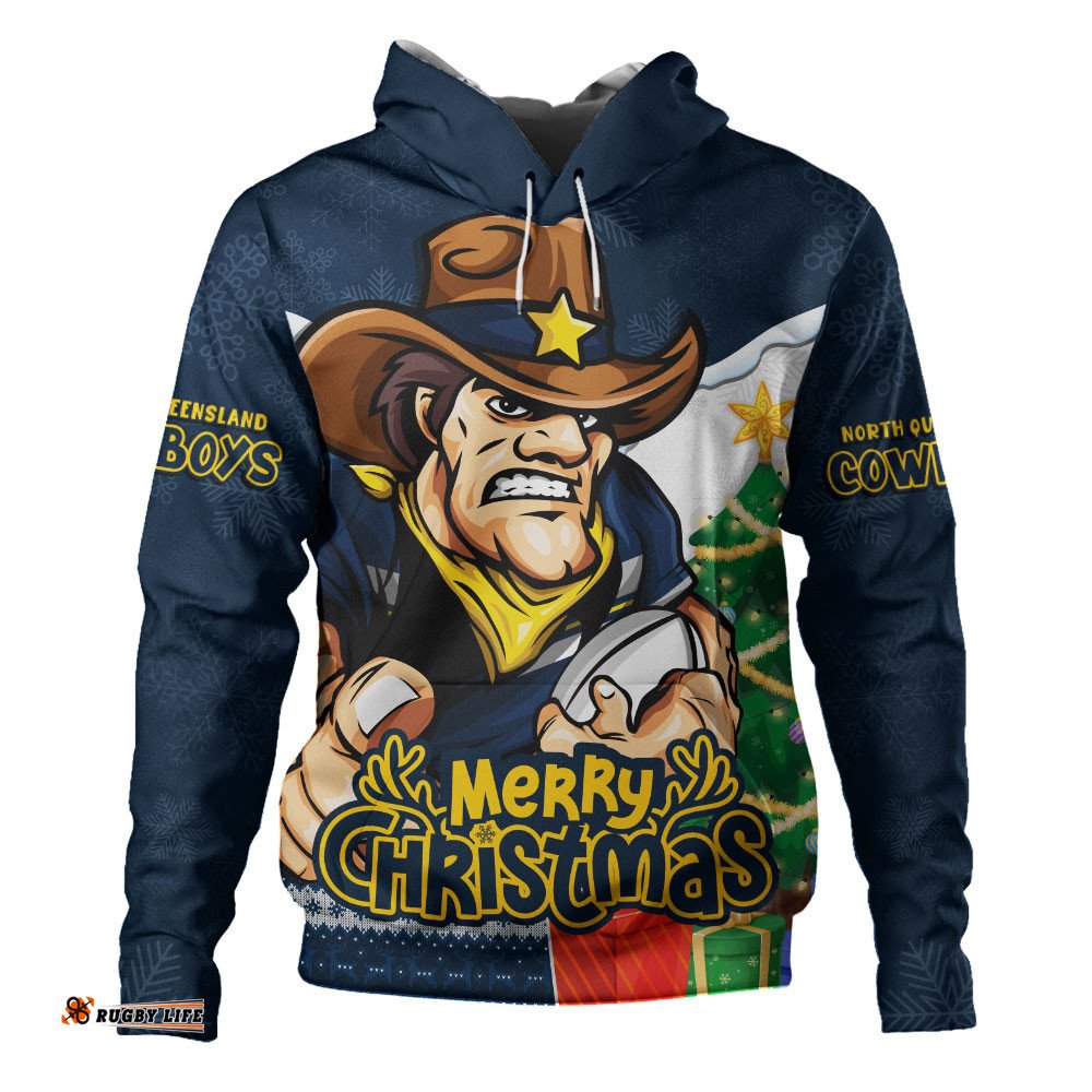 North Queensland Cowboys Hoodie Santa Scoring Touchdown On Christmas Game Day