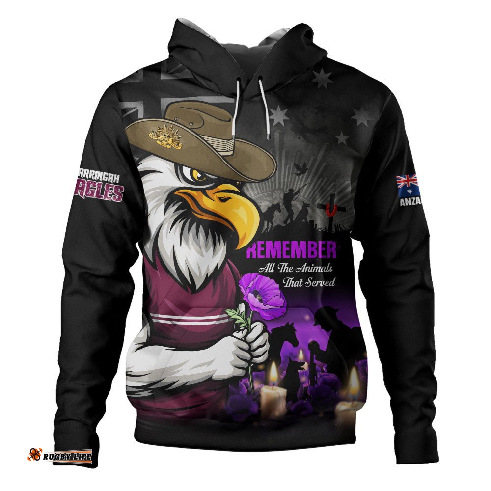 Manly Warringah Sea Eagles Hoodie Anzac Day Purple Poppy And Animals That Served