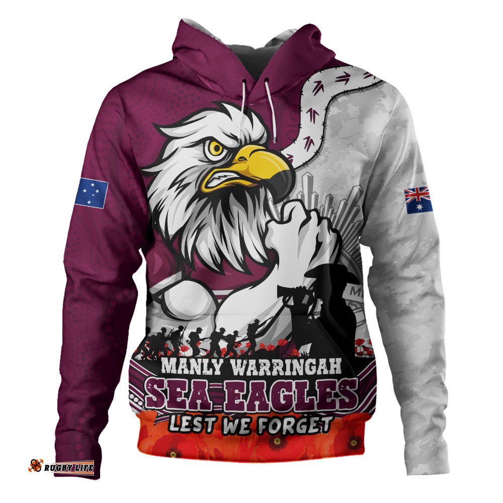 Manly Warringah Sea Eagles Hoodie Anzac Day Remembrance Of Courage Loyalty Valor