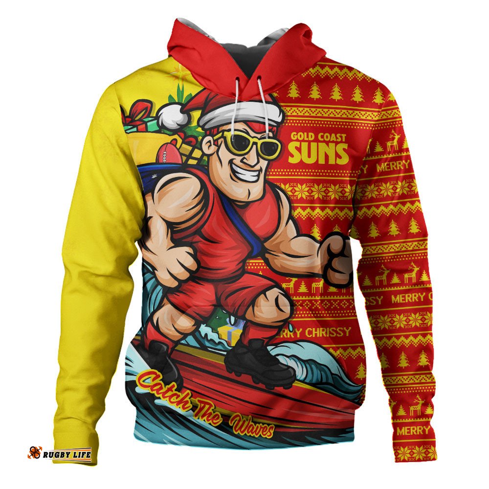 Gold Coast SUNS Hoodie Christmas Holiday Santa Rides The Waves