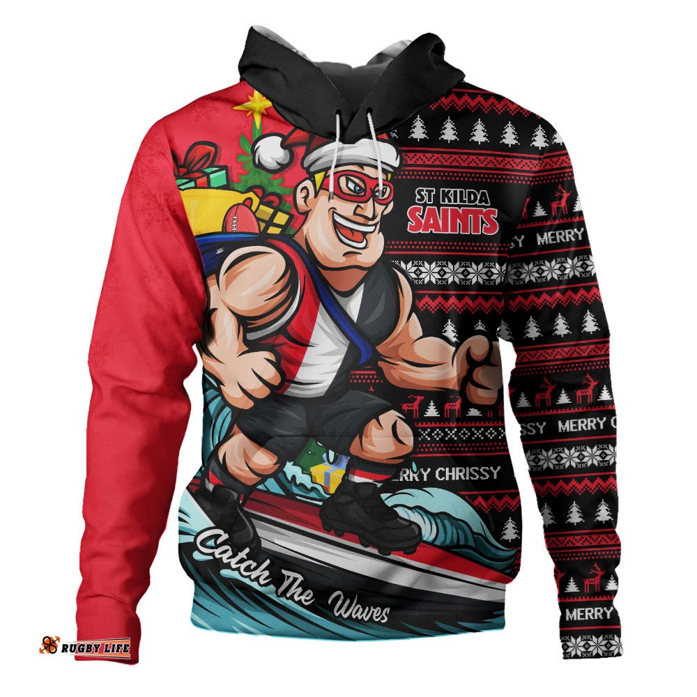 St Kilda Hoodie Christmas Holiday Santa Rides The Waves
