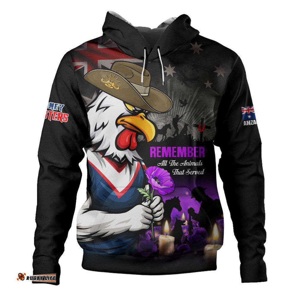 Sydney Roosters Hoodie Anzac Day Purple Poppy And Animals That Served