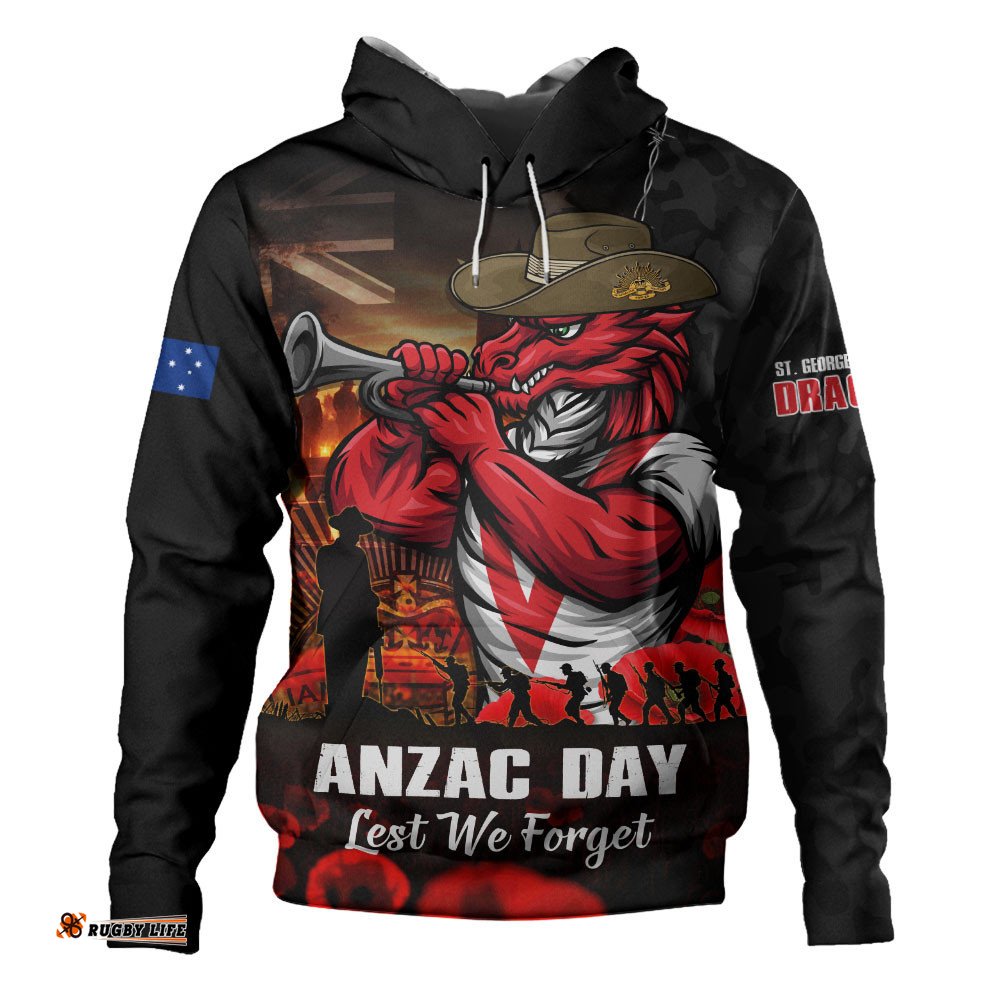 St. George Illawarra Dragons Hoodie Anzac Day Rising Dawn Ceremony Lest We Forget Courage