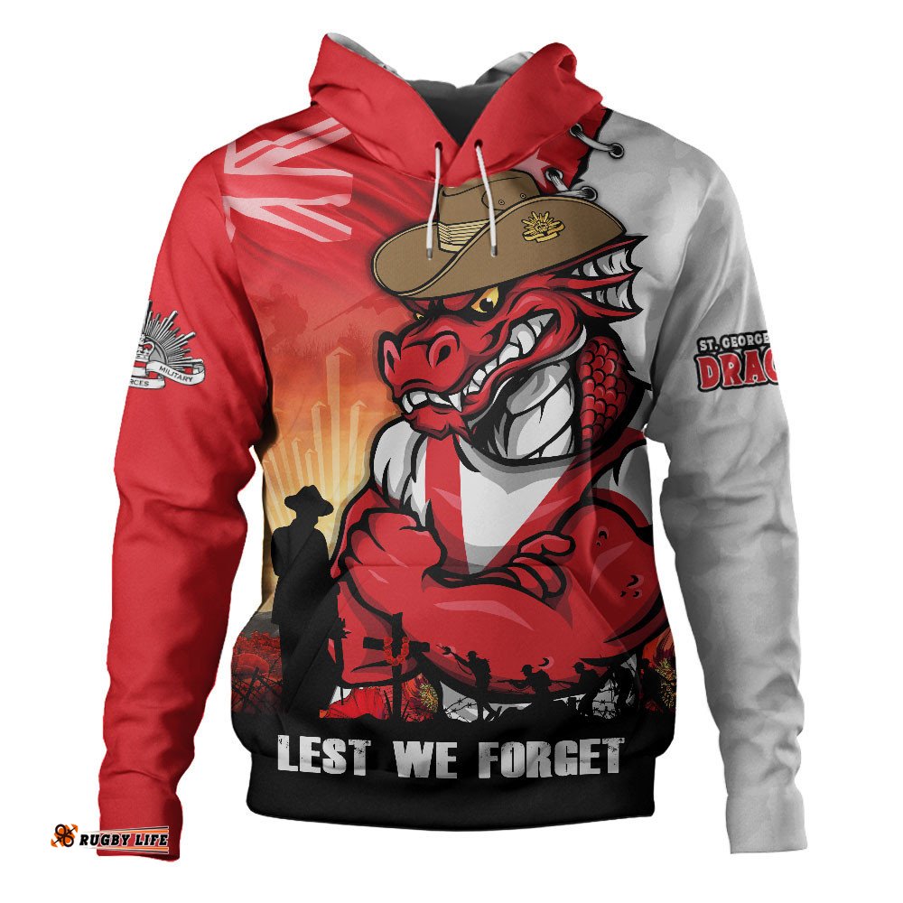 St. George Illawarra Dragons Hoodie Anzac Day Lest We Forget Silent Dawn