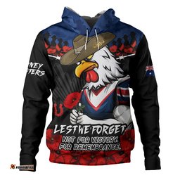 Sydney Roosters Hoodie ANZAC Day Red Poppy And Brave Hearts Remembrance