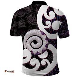 Aotearoa Koru Polo Shirt Purple Maori Paua Shell Mix Silver Fern LT14