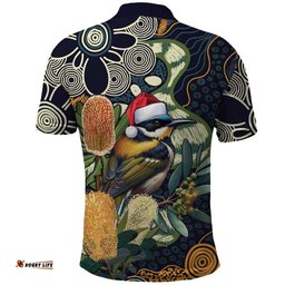 Aussie Honeyeaters Banksia Christmas Polo Shirt Aboriginal Dots Painting Blue Motif LT9
