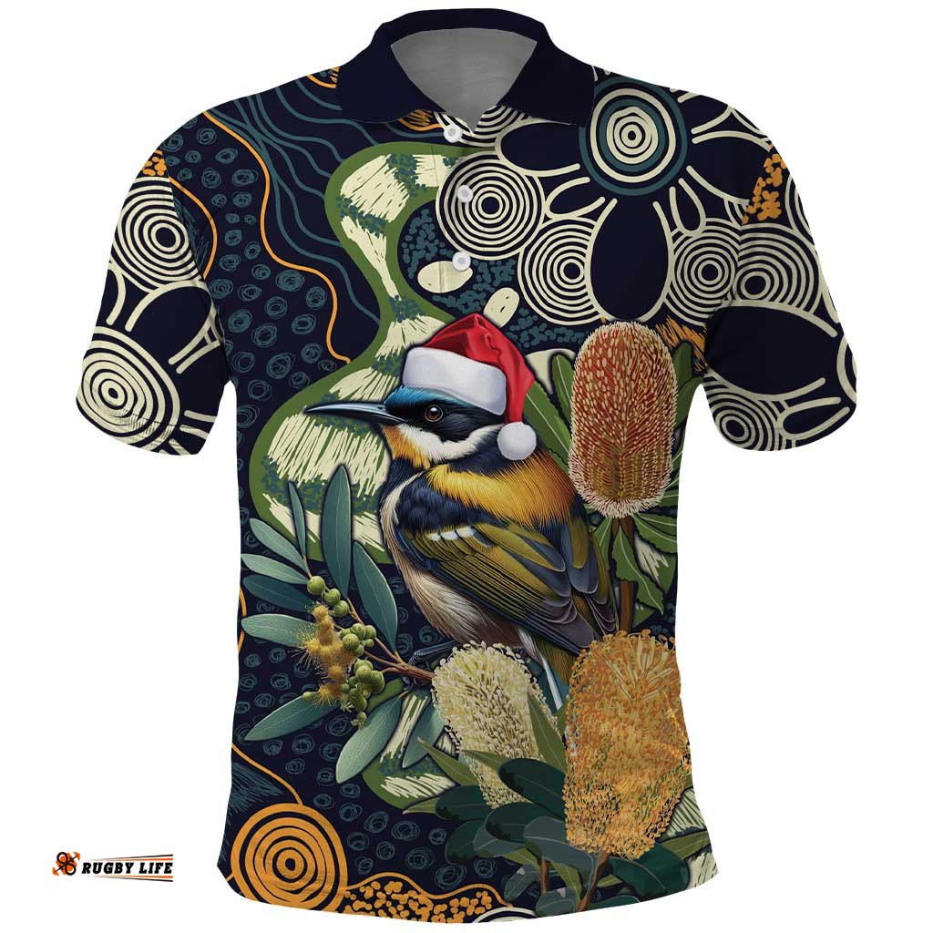 Aussie Honeyeaters Banksia Christmas Polo Shirt Aboriginal Dots Painting Blue Motif LT9