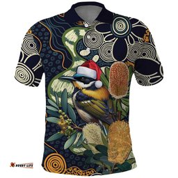 Aussie Honeyeaters Banksia Christmas Polo Shirt Aboriginal Dots Painting Blue Motif LT9