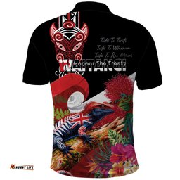 Aotearoa Toitu Te Tiriti Polo Shirt Waitangi-Honour The Treaty NZ Tuatara and Plants LT03