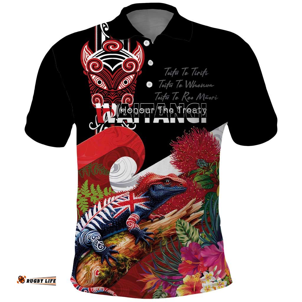 Aotearoa Toitu Te Tiriti Polo Shirt Waitangi-Honour The Treaty NZ Tuatara and Plants LT03