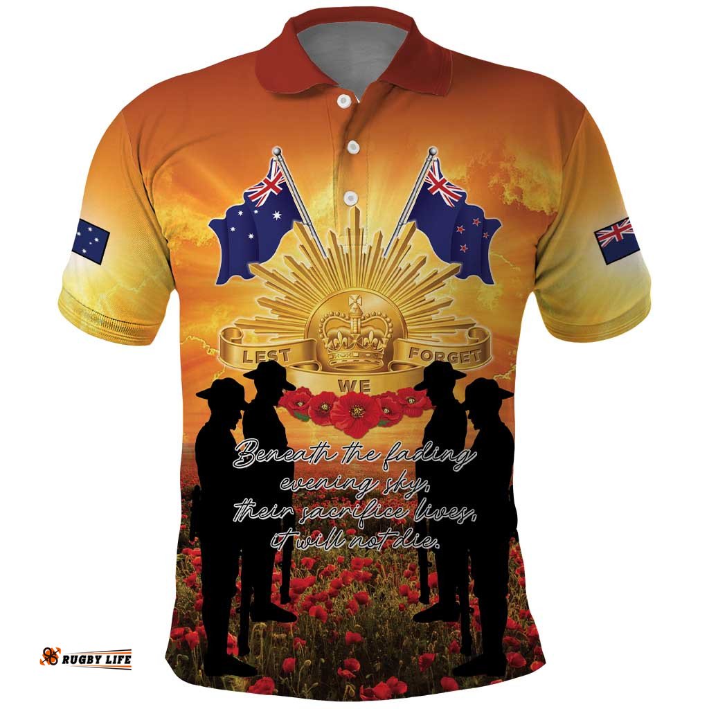 ANZAC Day Polo Shirt Remembrance Tribute Soldiers And Poppy Field LT05