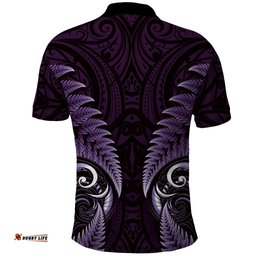 Aotearoa Pounamu Niho Polo Shirt Silver Fern Mix Maori Pattern - Purple LT14