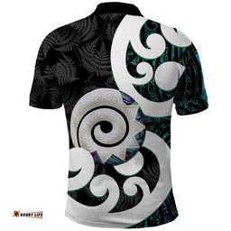 Aotearoa Koru Polo Shirt Cyan Maori Paua Shell Mix Silver Fern LT14