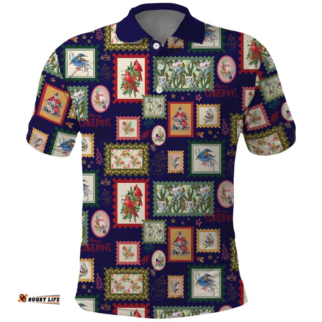 Aussie Birds Christmas La La Land Polo Shirt Navy Blue Vintage Stamp Edition LT9