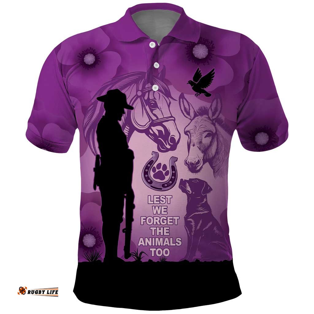 Australia Animals ANZAC Day Polo Shirt Lest We Forget The Animals Too Purple Poppy LT14