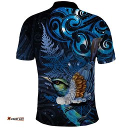 Aotearoa Matariki Polo Shirt Maori Tribal with Silver Fern and Tui Bird Galaxy Style LT03