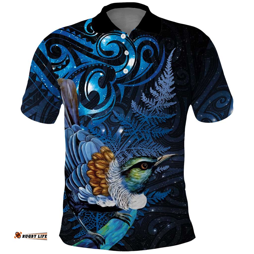 Aotearoa Matariki Polo Shirt Maori Tribal with Silver Fern and Tui Bird Galaxy Style LT03