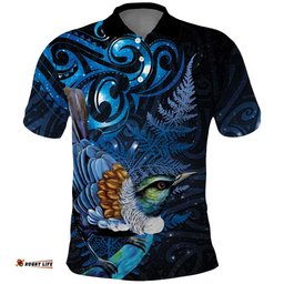 Aotearoa Matariki Polo Shirt Maori Tribal with Silver Fern and Tui Bird Galaxy Style LT03