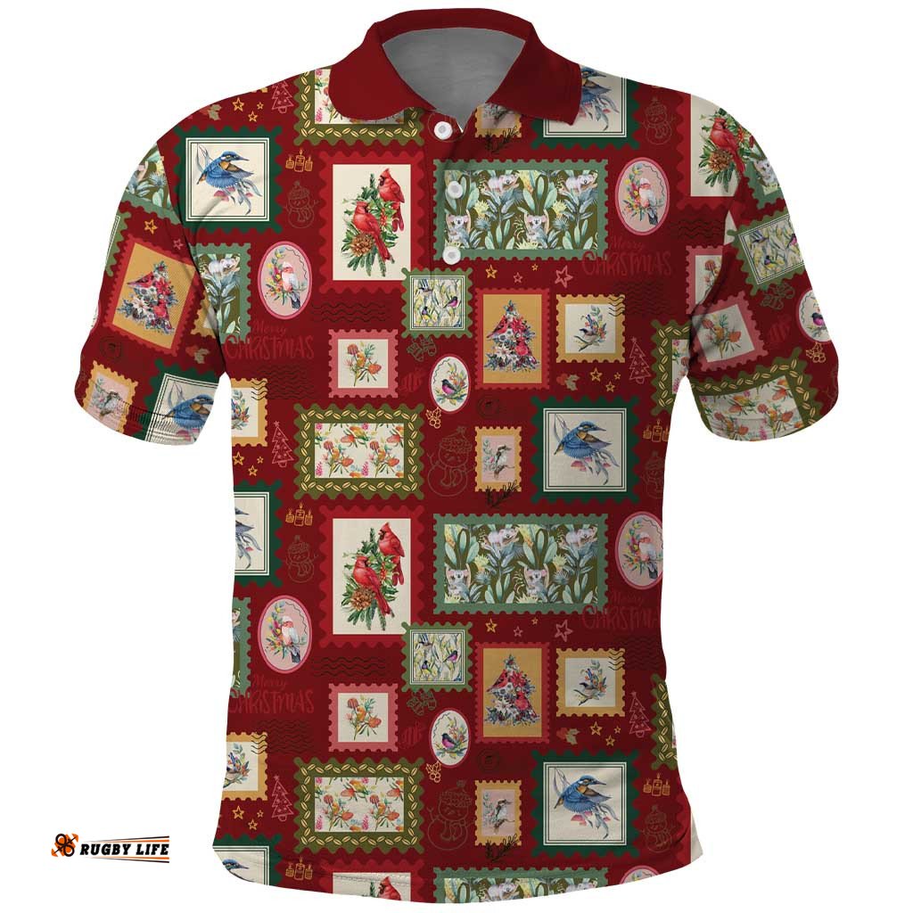 Aussie Birds Christmas La La Land Polo Shirt Red Vintage Stamp Edition LT9