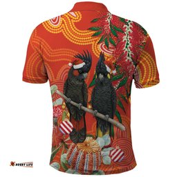 Australia Black Cockatoo Christmas Polo Shirt Banksia Bottlebrush Aboriginal Art LT14