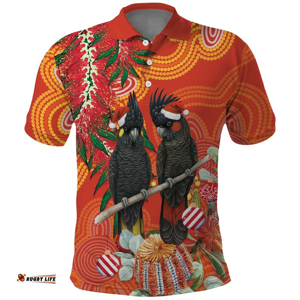 Australia Black Cockatoo Christmas Polo Shirt Banksia Bottlebrush Aboriginal Art LT14