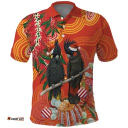 Australia Black Cockatoo Christmas Polo Shirt Banksia Bottlebrush Aboriginal Art LT14