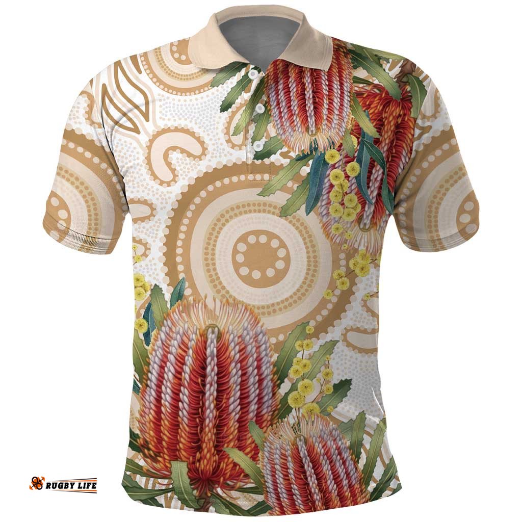 Australia Banksia Polo Shirt Aussie Native Flowers Indigenous Art LT14