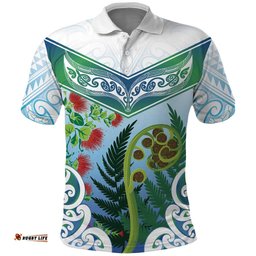 Aotearoa New Zealand Natural Plants Polo Shirt Pohutukawa with Silver Ferns Koru Frond Maori Tattoos LT03
