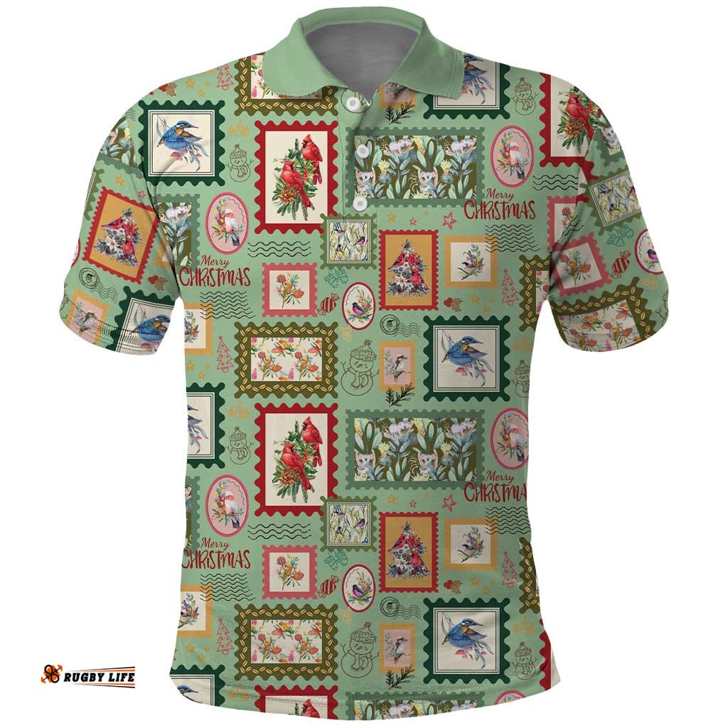 Aussie Birds Christmas La La Land Polo Shirt Green Vintage Stamp Edition LT9