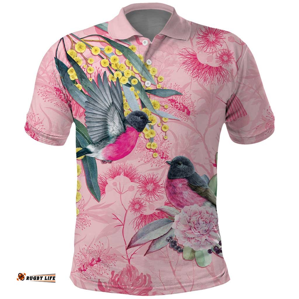 Birds and Floral Aussie Pink Robins Polo Shirt Rosy Glow LT7