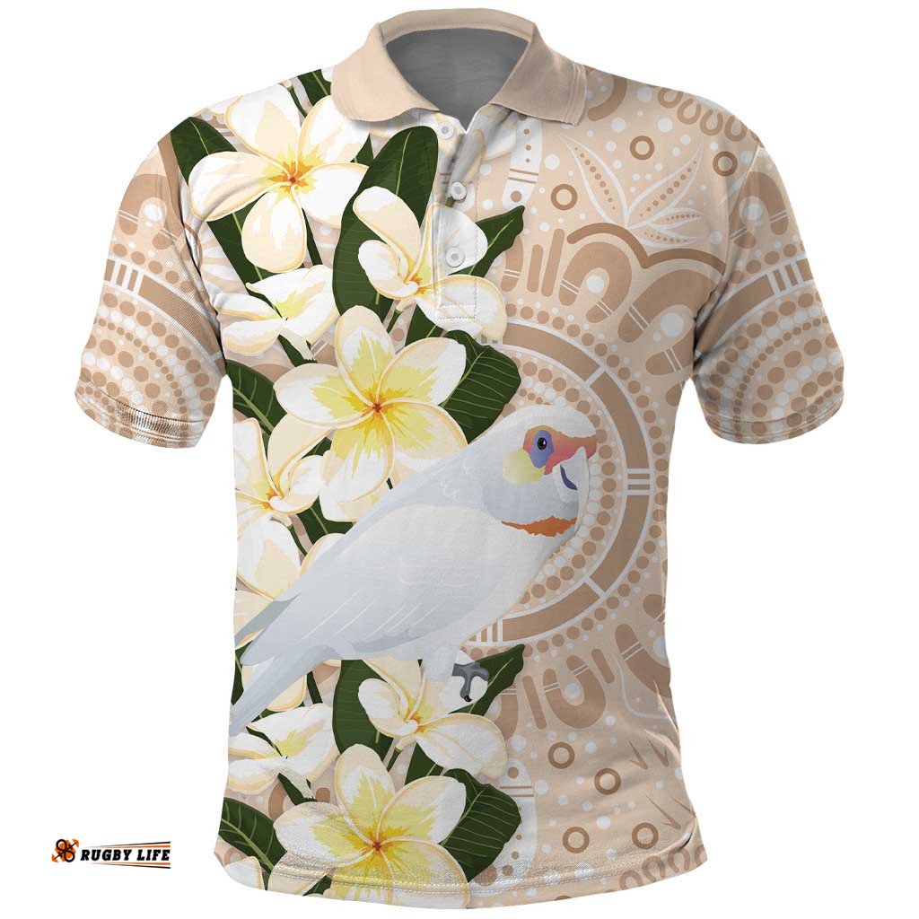 Australia Long-billed Corella Polo Shirt Cacatua Tenuirostris Plumeria Aboriginal Art LT14