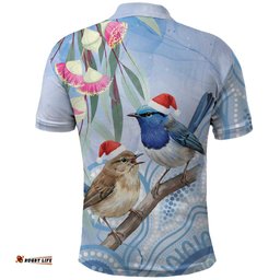 Australia Superb Fairywren Christmas Polo Shirt Aboriginal Eucalyptus Blossoms Watercolor LT14