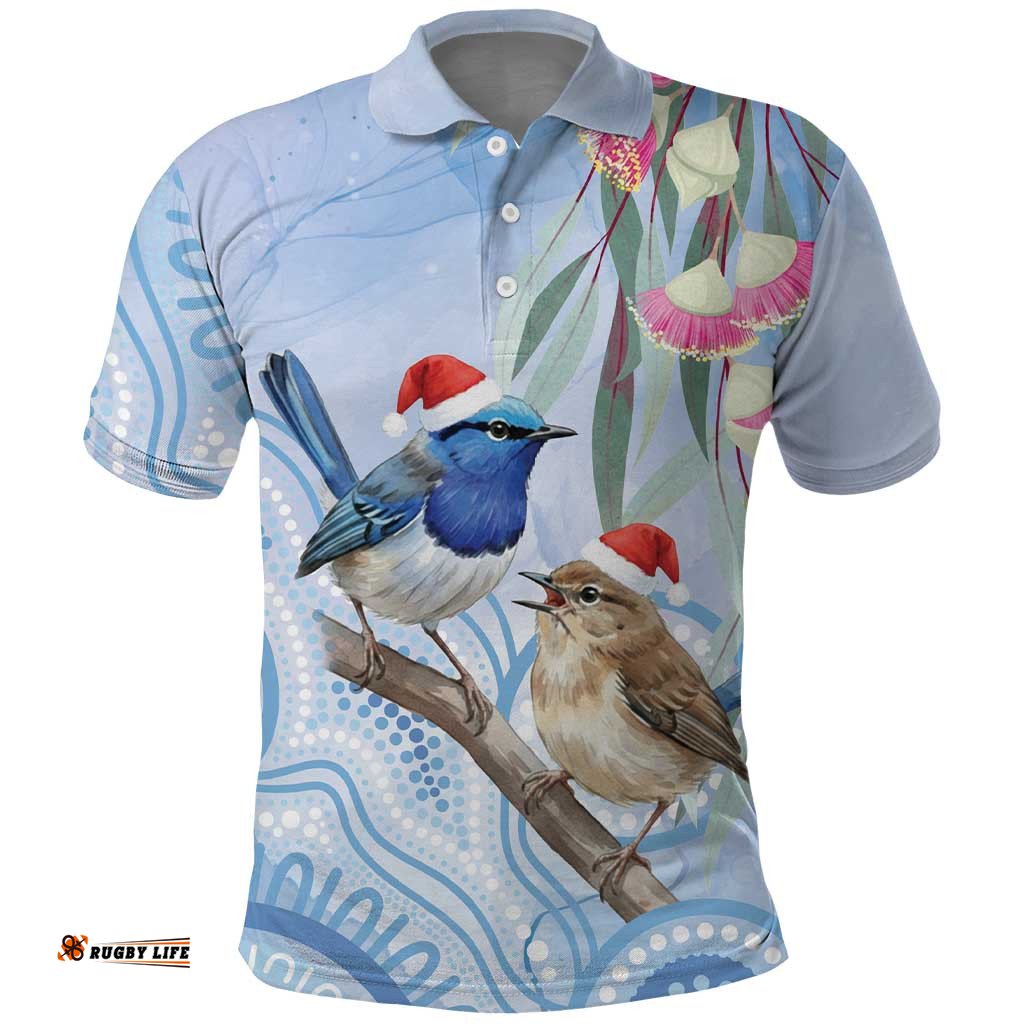 Australia Superb Fairywren Christmas Polo Shirt Aboriginal Eucalyptus Blossoms Watercolor LT14