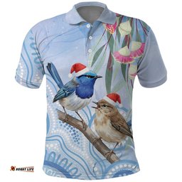 Australia Superb Fairywren Christmas Polo Shirt Aboriginal Eucalyptus Blossoms Watercolor LT14