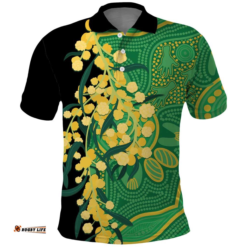 Australia Golden Wattle Polo Shirt Aussie Native Flowers Indigenous Art LT14