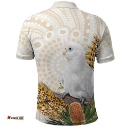 Australia Little Corella Polo Shirt Cacatua Sanguinea Western Grevillea Aboriginal Art LT14