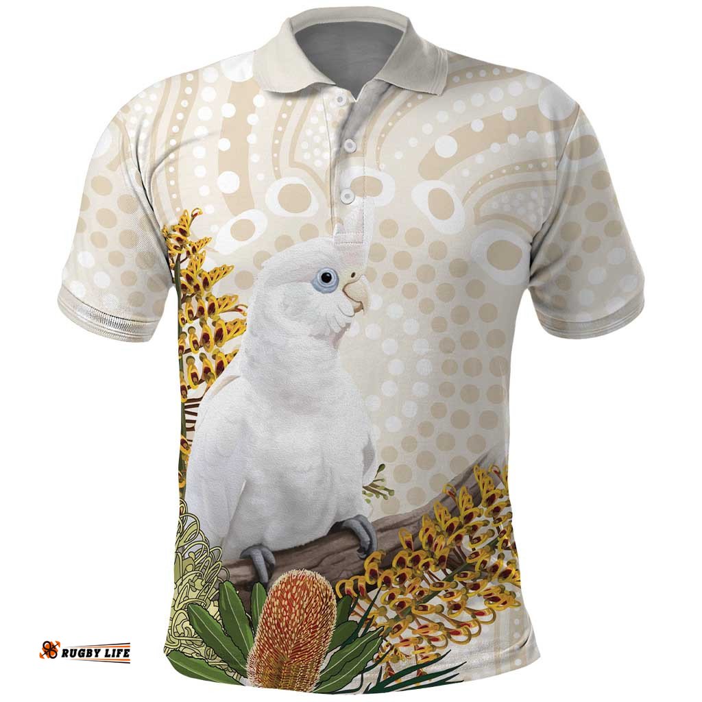 Australia Little Corella Polo Shirt Cacatua Sanguinea Western Grevillea Aboriginal Art LT14